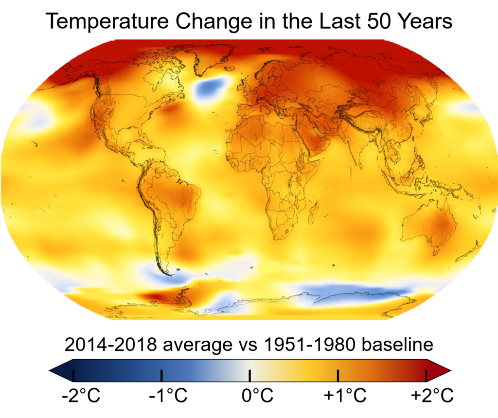 Cambio térmico en los últimos 50 años. Temperatura global media en 2014-2018 comparada con el promedio basal entre 1951 y 1980